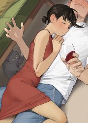 Rule 34 | 1boy, 1girl, alcohol, animal, blue panties, blush, brown hair, cat, closed mouth, commentary request, cup, denim, douki-chan (douki-chan), douki-kun (douki-chan), dress, drinking glass, drunk, earrings, closed eyes, ganbare douki-chan, girl on top, highres, holding, holding cup, jeans, jewelry, lying, on back, on stomach, panties, pants, pantyhose, parted lips, red dress, ring, shirt, short hair, short sleeves, sleeping, sleeveless, sleeveless dress, t-shirt, thighs, underwear, white shirt, wine, wine glass, yomu (sgt epper)
