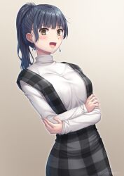 Rule 34 | 1girl, black hair, blush, boku no kokoro no yabai yatsu, breasts, brown eyes, commentary request, crossed arms, dangle earrings, dated, dress, earrings, gradient background, grey background, grey dress, high ponytail, jewelry, large breasts, long hair, long sleeves, looking at viewer, miyai sen, open mouth, plaid, plaid dress, solo, standing, sweater, sweater under dress, turtleneck, turtleneck sweater, white sweater, yamada anna