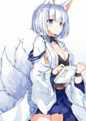 Rule 34 | 1girl, animal ears, azur lane, blue background, blue skirt, breasts, cleavage, closed mouth, cowboy shot, fox ears, fox girl, fox tail, gradient background, holding, holding paper, japanese clothes, kaga (azur lane), kimono, kitsune, long sleeves, looking away, medium breasts, multiple tails, myuton, open clothes, open kimono, paper, short hair, silver hair, skirt, solo, tail, tail raised, white background, white kimono, wide sleeves
