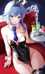 Rule 34 | 1girl, :o, absurdres, animal ears, arm support, bare arms, bare shoulders, between breasts, black leotard, blue hair, blue necktie, blush, breasts, cleavage, collar, covered navel, cowboy shot, cup, detached collar, drink, drinking glass, eula (genshin impact), fake animal ears, genshin impact, groin, hair flaps, highres, holding, holding tray, leotard, looking at viewer, medium breasts, nacho (nacho 1103), necktie, playboy bunny, rabbit ears, short hair, sidelocks, sitting, skindentation, solo, strapless, strapless leotard, thigh strap, thighs, tray, white collar, wine glass, wrist cuffs