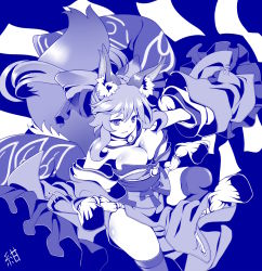 Rule 34 | 10s, 1girl, animal ears, bad id, bad pixiv id, blue theme, bow, breasts, cleavage, detached sleeves, fate/extra, fate (series), fox ears, hair bow, hair ribbon, ho-mei, japanese clothes, large breasts, monochrome, ribbon, solo, tamamo (fate), tamamo no mae (fate/extra), thighhighs