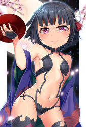 Rule 34 | 1girl, armpits, bare shoulders, bikini, black bikini, black hair, black thighhighs, blunt bangs, blush, breasts, bridal gauntlets, cherry blossoms, closed mouth, collarbone, commentary request, cosplay, cowboy shot, cup, falling petals, fate/grand order, fate (series), full moon, gluteal fold, groin, hair ribbon, hand up, highres, holding, holding cup, ishigaki (kancolle), japanese clothes, kantai collection, kimono, looking at viewer, moon, navel, off shoulder, open clothes, open kimono, petals, purple eyes, purple kimono, red ribbon, revealing clothes, ribbon, sakazuki, short hair, shuten douji (fate), shuten douji (fate) (cosplay), sidelocks, sky, small breasts, smile, solo, standing, star (sky), starry sky, stomach, swimsuit, thighhighs, white ribbon, yasume yukito