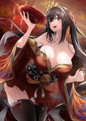 Rule 34 | 1girl, :d, absurdres, ahoge, alcohol, azur lane, bare shoulders, black hair, black thighhighs, blush, breasts, cleavage, collarbone, cup, hair between eyes, hair ribbon, hakama, hakama short skirt, hakama skirt, highres, hitsuji (sheepsb22), holding, holding cup, huge breasts, huge filesize, japanese clothes, kimono, large breasts, long hair, looking at viewer, mask, mask on head, obi, open mouth, pouring, pouring onto self, red eyes, red kimono, ribbon, sash, skindentation, skirt, smile, solo, taihou (azur lane), thighhighs, twintails, very long hair