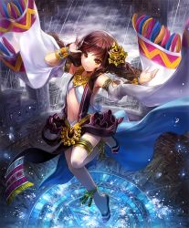 Rule 34 | 1girl, anklet, artist request, bracelet, braid, brown eyes, brown hair, cygames, dancer, detached sleeves, gold, hair ornament, jewelry, lorea dancer of the sun, navel, necklace, official art, rain, serious, shadowverse, shingeki no bahamut, solo, twin braids