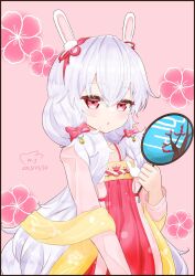 Rule 34 | 1girl, animal ears, azur lane, bell, bow, chinese clothes, dated, fake animal ears, flower, hair bell, hair between eyes, hair bow, hair ornament, hairband, hand up, hanfu, highres, holding, laffey (azur lane), laffey (white rabbit welcomes the spring) (azur lane), light blush, long hair, long sleeves, official alternate costume, parted lips, pink background, pink flower, rabbit ears, red eyes, red hairband, signature, solo, twintails, white hair, winsankemonodou