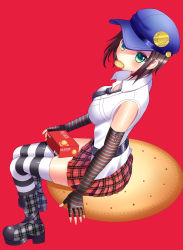 Rule 34 | 1girl, bad id, bad pixiv id, black hair, black necktie, blouse, boots, character name, collared shirt, cookie, eating, elbow gloves, emblem, fingerless gloves, food, full body, gloves, green eyes, highres, looking at viewer, marie (persona 4), miniskirt, nabekokoa, necktie, persona, persona 4, persona 4 the golden, plaid, plaid skirt, red background, shirt, short hair, simple background, sitting, skirt, sleeveless, sleeveless shirt, solo, striped clothes, striped thighhighs, thighhighs, white shirt