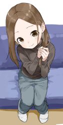Rule 34 | 1girl, absurdres, black shirt, blue pants, brown eyes, brown hair, child, closed mouth, commentary request, couch, denim, forehead, from above, full body, hands up, head tilt, highres, jeans, karakai jouzu no takagi-san, long hair, long sleeves, looking at viewer, looking up, no shoes, official art, on couch, own hands together, pants, parted bangs, shirt, simple background, sitting, smile, socks, solo, takagi-san, white background, white socks, yamamoto souichirou