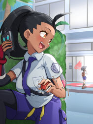 Rule 34 | 2girls, backpack, bag, black hair, black pantyhose, blush, breasts, collared shirt, commentary request, crazy eyes, crazy smile, creatures (company), dark-skinned female, dark skin, day, eyelashes, fingerless gloves, freckles, game freak, gen 4 pokemon, gloves, gonzarez, green hair, hedge, highres, holding, holding phone, holding poke ball, juliana (pokemon), large breasts, long hair, looking at another, medium breasts, multicolored hair, multiple girls, necktie, nemona (pokemon), nintendo, on one knee, open mouth, orange eyes, outdoors, pantyhose, phone, poke ball, poke ball (basic), pokemon, pokemon sv, ponytail, purple necktie, purple shorts, red gloves, road, rotom, rotom phone, saliva, shirt, shorts, single glove, smile, streaked hair, street, sweat, teeth, tongue, trembling, two-tone hair, upper teeth only