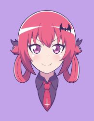 Rule 34 | 1girl, artsy-rc, bat hair ornament, blush, bow, closed mouth, collared shirt, cross, fang, fang out, gabriel dropout, grey bow, grey shirt, hair bow, hair ornament, highres, inverted cross, looking at viewer, necktie, portrait, red eyes, red hair, red necktie, satanichia kurumizawa mcdowell, shirt, smile, solo, wing collar