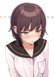 Rule 34 | 1girl, aqua eyes, arms at sides, black sailor collar, blush, brown hair, collarbone, commentary request, embarrassed, hair over shoulder, half-closed eyes, highres, long sleeves, looking down, looking to the side, original, parted lips, sailor collar, school uniform, serafuku, shigure ui, shirt, short twintails, sidelocks, simple background, solo, sweatdrop, twintails, upper body, white background, white shirt