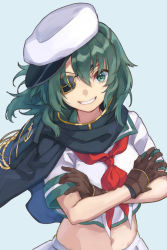 Rule 34 | 1girl, armor, black gloves, cape, commentary request, crossed arms, eyepatch, gloves, green background, green cape, green eyes, green hair, green sailor collar, grin, hat, kantai collection, kiso (kancolle), kiso kai ni (kancolle), looking at viewer, mitsuyo (mituyo324), neckerchief, pauldrons, red neckerchief, sailor collar, sailor hat, school uniform, serafuku, short hair, shoulder armor, simple background, single pauldron, smile, solo, upper body