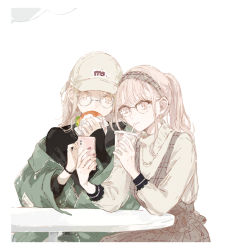 Rule 34 | 2girls, blonde hair, brown dress, brown eyes, brown hair, cellphone, cup, disposable cup, dress, drinking straw, earrings, food, glasses, green jacket, burger, holding, holding phone, iphone 11, jacket, jewelry, kakmxxxny06, long hair, long sleeves, multiple girls, nail polish, over-rim eyewear, phone, pleated dress, ponytail, round eyewear, semi-rimless eyewear, simple background, smartphone, table, white background, yellow eyes, yuri