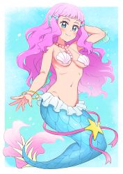 Rule 34 | 1girl, arm behind head, blue eyes, bracelet, breasts, closed mouth, fins, full body, head fins, highres, jewelry, laura (precure), long hair, looking at viewer, medium breasts, mermaid, monster girl, navel, pink hair, precure, shell, shell bikini, sidelocks, smile, solo, stomach, tropical-rouge! precure, yoban