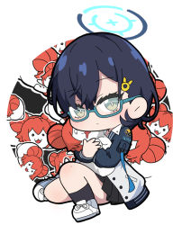 Rule 34 | 1girl, black hair, black skirt, blue-framed eyewear, blue archive, character doll, chibi, chihiro (blue archive), closed mouth, commentary request, full body, glasses, green eyes, hair between eyes, halo, jacket, long sleeves, looking at viewer, maki (blue archive), nyaru (nyaru 4126), hugging object, open clothes, open jacket, pleated skirt, puffy long sleeves, puffy sleeves, semi-rimless eyewear, shoes, skirt, socks, under-rim eyewear, white footwear, white jacket