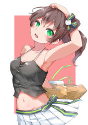 Rule 34 | 1girl, absurdres, arm behind back, arm up, armpits, black camisole, black ribbon, blush, breasts, brown hair, camisole, cat hair ornament, commentary request, green eyes, hair between eyes, hair ornament, hair ribbon, halterneck, highres, hololive, jacket, unworn jacket, looking to the side, medium hair, miniskirt, natsuiro matsuri, natsuiro matsuri (1st costume), navel, open mouth, orange jacket, otapapa, pleated skirt, red background, ribbon, side ponytail, simple background, skirt, solo, spaghetti strap, stomach, virtual youtuber, white skirt