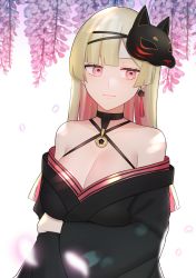 Rule 34 | 1girl, absurdres, arm under breasts, bare shoulders, black choker, black kimono, blonde hair, blunt bangs, breasts, choker, collarbone, commentary, commission, earrings, english commentary, fox mask, gradient hair, highres, japanese clothes, jewelry, kimono, large breasts, light smile, long hair, long sleeves, makurano neena, mask, mask on head, multicolored hair, off shoulder, petals, pink eyes, pink hair, production kawaii, second-party source, simple background, single earring, skeb commission, solo, tassel, tassel earrings, tebamaru, virtual youtuber, white background, wide sleeves