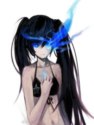 Rule 34 | 10s, 1girl, bad id, bad pixiv id, bikini, bikini top only, black hair, black rock shooter, black rock shooter (character), blue eyes, female focus, flat chest, glowing, glowing eyes, long hair, midriff, navel, shell (shell518), simple background, solo, swimsuit, tears, twintails, vocaloid, white background