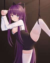 Rule 34 | 1girl, azur lane, bandaid, bandaids on nipples, bdsm, black bow, black shorts, blue eyes, blunt bangs, blush, bondage, bound, bound arms, bow, breasts, breasts out, brown background, ginka (gink a), gradient background, hair bow, high-waist shorts, highres, leg up, long hair, long sleeves, looking at viewer, no bra, open clothes, open shirt, own hands together, parted lips, pasties, ponytail, shirt, shorts, sidelocks, small breasts, solo, standing, standing on one leg, suspender shorts, suspenders, tashkent (azur lane), thighhighs, very long hair, white shirt, white thighhighs