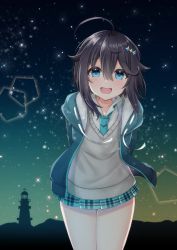 Rule 34 | 1girl, :d, ahoge, aqua jacket, aqua necktie, aqua skirt, arms behind back, blue eyes, blush, brown hair, cardigan, collarbone, collared shirt, commentary request, cowboy shot, hair between eyes, highres, jacket, lighthouse, looking at viewer, necktie, night, nijisanji, open clothes, open jacket, open mouth, outdoors, plaid, plaid skirt, pleated skirt, shirt, silhouette, skirt, sky, smile, solo, sorahoshi kirame, sparkle, star (sky), starry sky, thighs, toriniku (selene1050), virtual youtuber, white shirt, wing collar