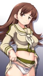 Rule 34 | 1girl, 547th sy, breasts, brown eyes, brown hair, closed mouth, clothes lift, gradient background, highres, kantai collection, large breasts, lifting own clothes, long hair, long sleeves, midriff, navel, neckerchief, ooi (kancolle), ooi kai ni (kancolle), panties, sailor collar, school uniform, serafuku, simple background, skirt, skirt lift, solo, underwear, wavy mouth, white panties