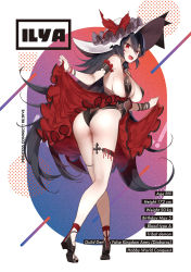 Rule 34 | 1girl, :d, arm garter, ass, ass cutout, bare shoulders, black footwear, black hair, breasts, butt crack, character name, cleavage, clothing cutout, copyright name, floating hair, full body, hair between eyes, hat, heart cutout, high heels, highres, illya (princess connect!), large breasts, long hair, looking at viewer, looking back, open mouth, princess connect!, red eyes, smile, solo, standing, stats, sun hat, swimsuit, thigh strap, torn clothes, v-shaped eyebrows, very long hair, white hat, yaman