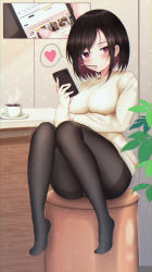 Rule 34 | 1girl, absurdres, arm under breasts, ass, bad id, bad pixiv id, black hair, black pantyhose, blush, breast lift, breasts, cellphone, chocolate, coffee, coffee cup, colored inner hair, cup, disposable cup, feet up, food, food in mouth, heart, highres, holding, holding phone, kazanock, legs, long sleeves, looking at viewer, medium breasts, mouth hold, multicolored hair, nail polish, no pants, original, panties, panties under pantyhose, pantyhose, phone, fake phone screenshot, pink nails, pocky, purple eyes, purple hair, saucer, short hair, sitting, sleeves past wrists, smartphone, solo, spoken heart, stool, sweater, swept bangs, thighband pantyhose, two-tone hair, underwear, valentine, white sweater