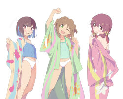 Rule 34 | + +, 3girls, :d, ;d, aqua camisole, arm up, bare legs, blonde hair, blue camisole, blunt bangs, blunt ends, brown eyes, brown hair, camisole, collarbone, colored inner hair, commentary, dot nose, fang, flat chest, floral print, gluteal fold, green eyes, green kimono, hair between eyes, head tilt, highres, hozuki momiji, japanese clothes, kimono, leaf print, light blush, lily print, looking at viewer, maple leaf print, multicolored hair, multiple girls, murairamuraiari, murosaki miyo, navel, off shoulder, oka asahi, one eye closed, onii-chan wa oshimai!, open clothes, open kimono, open mouth, panties, pink kimono, print kimono, red hair, smile, striped clothes, striped kimono, sun print, two-tone hair, two side up, underwear, undressing, white panties, wide sleeves, yukata