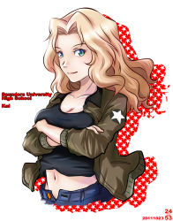 Rule 34 | 1girl, artist name, black shirt, blonde hair, blue eyes, blue shorts, breasts, brown jacket, character name, closed mouth, commentary, cropped torso, crossed arms, dated, denim, denim shorts, emblem, english text, girls und panzer, hair intakes, jacket, kay (girls und panzer), long hair, long sleeves, looking at viewer, medium breasts, midriff, military, military uniform, navel, nishi itsumi, open clothes, open fly, open jacket, saunders military uniform, shirt, shorts, silhouette, simple background, smile, solo, standing, star (symbol), uniform, white background