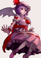 Rule 34 | 1girl, ascot, bat wings, bow, brooch, chienon, closed mouth, frown, hair between eyes, hat, hat ribbon, jewelry, long skirt, mob cap, pink hat, pink skirt, puffy short sleeves, puffy sleeves, purple hair, red ascot, red bow, red eyes, red ribbon, remilia scarlet, ribbon, ribbon-trimmed headwear, ribbon-trimmed skirt, ribbon trim, sash, short hair, short sleeves, skirt, solo, touhou, wings, wristband