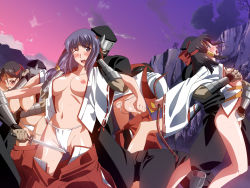 Rule 34 | blush, breasts, fundoshi, group sex, japanese clothes, knife, ninja, nipples, one eye closed, queen&#039;s blade, rape, restrained, soldier, ss-brain, tomoe (queen&#039;s blade), undressing, weapon, wince, wink