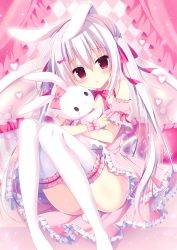 Rule 34 | 1girl, :&lt;, :o, animal, animal ears, animal hood, animal hug, argyle, argyle background, argyle clothes, bare shoulders, blush, bow, closed mouth, commentary request, curtains, detached sleeves, dress, frilled skirt, frilled thighhighs, frills, hair between eyes, hair bow, hasune, head tilt, heart, highres, hood, long hair, no shoes, original, parted lips, pink dress, puffy short sleeves, puffy sleeves, purple eyes, rabbit, rabbit ears, rabbit girl, rabbit tail, red bow, short sleeves, silver hair, skirt, sleeveless, sleeveless dress, solo, tail, thighhighs, twintails, very long hair, white thighhighs