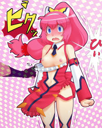 Rule 34 | 1girl, blue eyes, blush, breasts, detached collar, detached sleeves, ebi tendon, erul tron, hairband, highres, leotard, long hair, low-tied long hair, navel, necktie, nipples, otomedius, pelvic curtain, pink hair, red leotard, revealing clothes, see-through, see-through skirt, shaded face, skirt, small breasts, thighhighs
