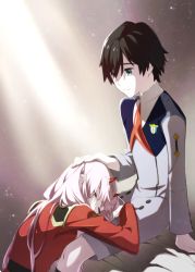 Rule 34 | 10s, 1boy, 1girl, black hair, blue eyes, closed eyes, commentary request, couple, darling in the franxx, hair ornament, hairband, hand on another&#039;s head, hand on another&#039;s leg, hetero, highres, hiro (darling in the franxx), horns, leje39, long hair, long sleeves, looking at another, military, military uniform, necktie, oni horns, pink hair, red horns, red neckwear, short hair, sitting, sleeping, sleeping on person, uniform, white hairband, zero two (darling in the franxx)