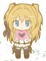 Rule 34 | 1girl, black bow, black footwear, black thighhighs, blonde hair, blue eyes, blue ribbon, blush, bow, chibi, closed mouth, commentary request, hair bow, hair intakes, heart, juliet sleeves, long hair, long sleeves, looking at viewer, mashiroiro symphony, pleated skirt, puffy sleeves, ri-net, ribbon, school uniform, sena airi, shirt, skirt, smile, solo, standing, thighhighs, two side up, very long hair, white background, white shirt, white skirt
