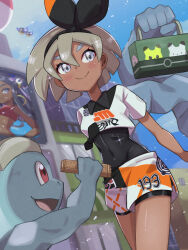 Rule 34 | 1girl, bea (pokemon), black bodysuit, black hairband, blush, bodysuit, bodysuit under clothes, bow hairband, candy, chocolate, chocolate bar, closed mouth, collared shirt, commentary request, covered navel, creatures (company), dark-skinned female, dark skin, day, extra arms, food, game freak, gen 1 pokemon, gen 8 pokemon, grey eyes, grey hair, hairband, happy, highres, holding, holding chocolate, holding food, inana umi, looking at another, machamp, machop, nessa (pokemon), nintendo, open mouth, outdoors, pokemon, pokemon: twilight wings, pokemon (creature), pokemon swsh, print shirt, print shorts, red eyes, rookidee, shirt, short sleeves, shorts, sky, smile, standing