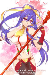 Rule 34 | 1girl, antenna hair, backless outfit, bare shoulders, black pants, blazblue, blazblue: central fiction, blazblue variable heart, blue hair, boots, bow, breasts, character name, copyright name, cowboy shot, english text, facing viewer, fingerless gloves, frown, genderswap, genderswap (mtf), gloves, hair between eyes, hair bow, halterneck, holding, holding weapon, knee boots, large breasts, long hair, looking to the side, lowleg, lowleg pants, mai natsume, midriff, navel, no bra, no panties, pants, pink eyes, polearm, ponytail, potato (oriha94), purple eyes, revealing clothes, ribbon, sideboob, sidelocks, solo, spear, standing, thighs, very long hair, weapon, yellow bow