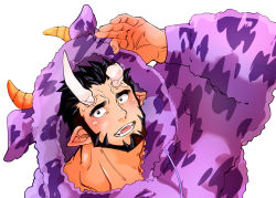 Rule 34 | 1boy, animal costume, animal ears, bara, beard, black hair, blush, broken horn, chinese zodiac, close-up, cow boy, cow costume, cow ears, cow horns, demon boy, demon horns, facial hair, fake animal ears, highres, hood, hoodie, horns, kizami nori to yamaimo, live a hero, looking at viewer, male focus, mature male, muscular, muscular male, nessen (live a hero), pointy ears, purple hoodie, short hair, smile, solo, thick eyebrows, year of the ox