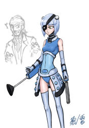 Rule 34 | 1girl, blue hair, broken torpedo, dalek, doctor who, eyepatch, first doctor, personification, short hair, simple background, thighhighs