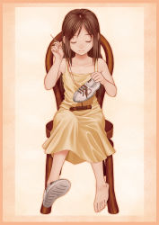 Rule 34 | bad id, bad pixiv id, bare shoulders, barefoot, brown hair, chair, dress, closed eyes, feet, full body, highres, long hair, needle, original, scar, shoes, single shoe, sitting, smile, solo, stitches, yukihiro