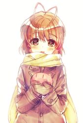 Rule 34 | 1girl, alternate costume, antenna hair, blush, blush stickers, brown coat, brown eyes, brown hair, brown mittens, clannad, coat, commentary request, dango, food, furukawa nagisa, hair between eyes, hands up, highres, holding, long sleeves, looking at viewer, mittens, natsuoto rito, open mouth, scarf, simple background, sketch, smile, solo, straight-on, wagashi, white background, winter clothes, yellow scarf, | |