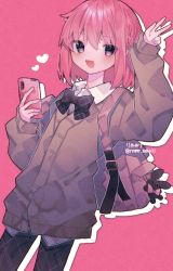 Rule 34 | 1boy, :d, backpack, bag, bag charm, blush, bow, bowtie, cardigan, cellphone, charm (object), collared shirt, ear piercing, eringikinono, highres, holding, holding phone, long sleeves, male focus, open mouth, original, pants, phone, piercing, pink hair, plaid, plaid bow, plaid bowtie, plaid pants, purple eyes, rabbit charm, school uniform, shirt, short hair, sleeves past wrists, smartphone, smile, solo, trap