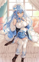 Rule 34 | 1girl, absurdres, akamoku, bare shoulders, bed, beret, blue bow, blue bowtie, blue hair, blue skirt, blush, boots, bow, bowtie, braid, breasts, cleavage, cleavage cutout, clothing cutout, commentary request, daifuku (yukihana lamy), finger to mouth, flower, french braid, fur-trimmed jacket, fur trim, hair between eyes, hair flower, hair ornament, hat, highres, hololive, indoors, jacket, large breasts, long hair, looking at viewer, mascot, open clothes, open jacket, pillow, pointy ears, shirt, sitting, skirt, smile, snowflake print, solo, thighhighs, virtual youtuber, white shirt, white thighhighs, window, yellow eyes, yukihana lamy, zettai ryouiki