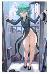 Rule 34 | 1girl, absurdres, black footwear, blush, breasts, cleft of venus, cloud, collarbone, collared dress, commentary, covered navel, curly hair, day, door, doorway, dot nose, dress, dress shoes, frontal wedgie, full body, green eyes, green hair, hair between eyes, hat, highleg, highleg panties, highres, long sleeves, looking at viewer, mogudan, mountainous horizon, ocean, one-punch man, open door, outstretched arms, panties, partially visible vulva, pelvic curtain, petite, pov doorway, raised eyebrows, short hair, skateboard, skin tight, small breasts, smile, solo, standing, tatsumaki, thick thighs, thighs, translated, tree, underwear, water, watering can, white panties, wide hips