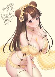 Rule 34 | 1girl, absurdres, animal ears, arm garter, bare shoulders, bear ears, between legs, blush, bow, bra, breasts, brown eyes, brown hair, choker, cleavage, commentary request, commission, covered erect nipples, dated, dripping, fake animal ears, finger to mouth, frilled bra, frilled pillow, frills, halterneck, hand between legs, headdress, heart, heart-shaped pillow, highres, large breasts, leaning forward, licking, lingerie, long hair, looking at viewer, original, parted lips, pillow, ribbon trim, sakura shiho, sidelocks, signature, simple background, skeb commission, solo, thighhighs, underwear, white background