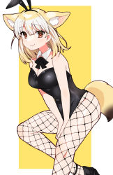 Rule 34 | 1girl, alternate costume, animal ears, bare arms, bare shoulders, between legs, black bow, black bowtie, black leotard, black pantyhose, blonde hair, bow, bowtie, commentary request, detached collar, fake animal ears, fennec (kemono friends), fishnets, fox ears, fox girl, fox tail, hand between legs, heart, heart-shaped pupils, highres, kemono friends, leotard, looking at viewer, multicolored hair, pantyhose, playboy bunny, rabbit ears, short hair, solo, strapless, strapless leotard, suicchonsuisui, symbol-shaped pupils, tail, white hair