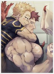 Rule 34 | 2boys, abs, arms around neck, bara, beard, biceps, black tank top, blonde hair, blue eyes, blush, boku no hero academia, bottle, couple, endeavor (boku no hero academia), eye contact, facial hair, feathered wings, from side, hawks (boku no hero academia), highres, hug, hug from behind, large pectorals, looking at another, mahoubin (totemo hot dayo), male focus, mature male, multiple boys, muscular, muscular male, nipple slip, nipples, pectorals, red hair, red wings, scar, scar across eye, short hair, sideburns, sidepec, smile, spiked hair, stomach, stubble, sweat, tank top, towel, upper body, water bottle, wings, yaoi
