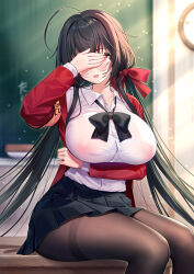 Rule 34 | 1girl, ahoge, arm under breasts, armband, azur lane, black bow, black bowtie, black hair, black pantyhose, blurry, blurry background, blush, bow, bowtie, breast hold, breasts, chalkboard, clock, collared shirt, commentary request, covering own eyes, desk, dress shirt, feet out of frame, glasses, hand on own face, hand up, highres, huge ahoge, indoors, jacket, large breasts, long hair, long sleeves, looking at viewer, miniskirt, no bra, official alternate costume, on desk, one eye covered, open clothes, open jacket, pantyhose, pleated skirt, red eyes, red jacket, round eyewear, school uniform, see-through, shirt, shirt tucked in, sidelighting, silveroid, sitting, skirt, solo, sunlight, taihou (azur lane), taihou (sweet time after school) (azur lane), taut clothes, taut shirt, thighband pantyhose, thighs, tongue, tongue out, twintails, very long hair, wall clock, white shirt, yellow armband