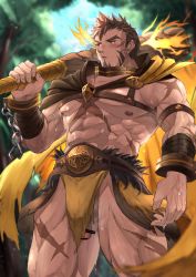 Rule 34 | 1boy, abs, bar censor, bara, beard, bellsaltr, blush, brown hair, bulge, cape, censored, chain, chest harness, cowboy shot, cross scar, facial hair, flaming eye, harness, heracles (housamo), highres, large pectorals, long sideburns, looking at viewer, male focus, muscular, nipples, pectorals, penis, penis peek, scar, sideburns, solo, thighs, tokyo houkago summoners, topless male, upper body, weapon