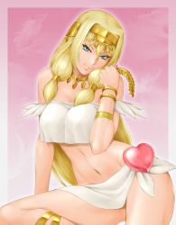 Rule 34 | 1girl, blonde hair, blue eyes, breasts, cleavage, closed mouth, commentary request, feathers, heart, highres, ishtar, jewelry, kuroi ani, large breasts, long hair, looking at viewer, navel, necklace, original, smile, solo