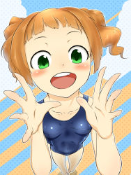Rule 34 | 1girl, bad id, bad pixiv id, brown hair, cloud, collarbone, facing viewer, fang, foreshortening, green eyes, halftone, halftone background, hands up, happy, highres, idolmaster, idolmaster (classic), looking at viewer, open mouth, school swimsuit, solo, spread fingers, striped, striped background, swimsuit, takatsuki yayoi, twintails, yoshiwa tomo